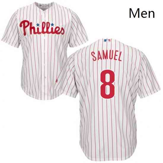 Mens Majestic Philadelphia Phillies 8 Juan Samuel Replica WhiteRed Strip Home Cool Base MLB Jersey